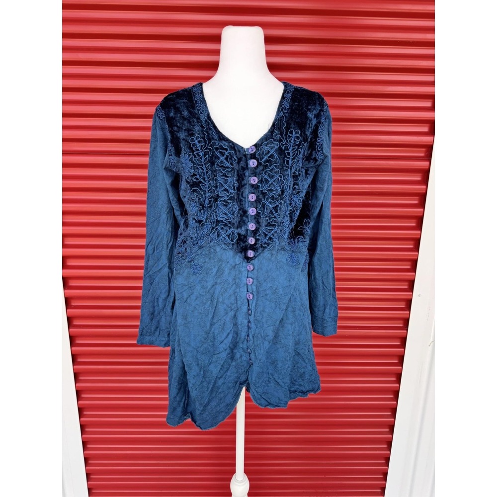 HolyClothing Shirt Womens Large Blue Velvet Embroidered Button Front Tunic Top